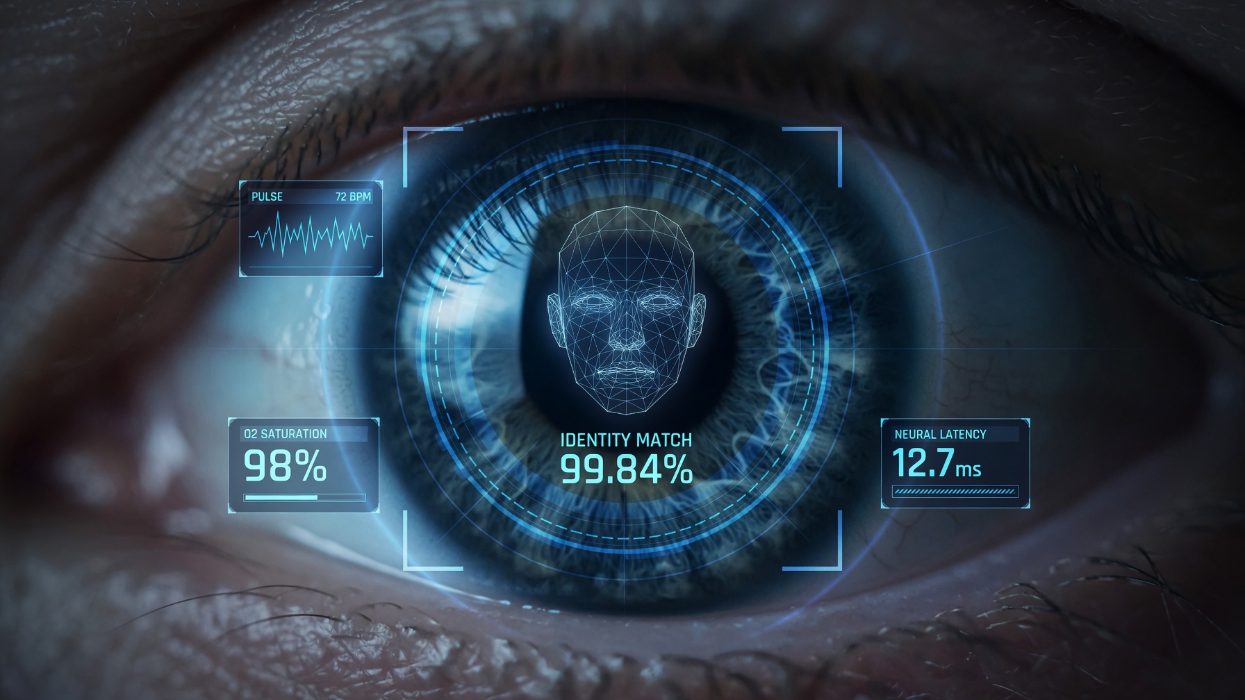 Macro eye with futuristic HUD interface