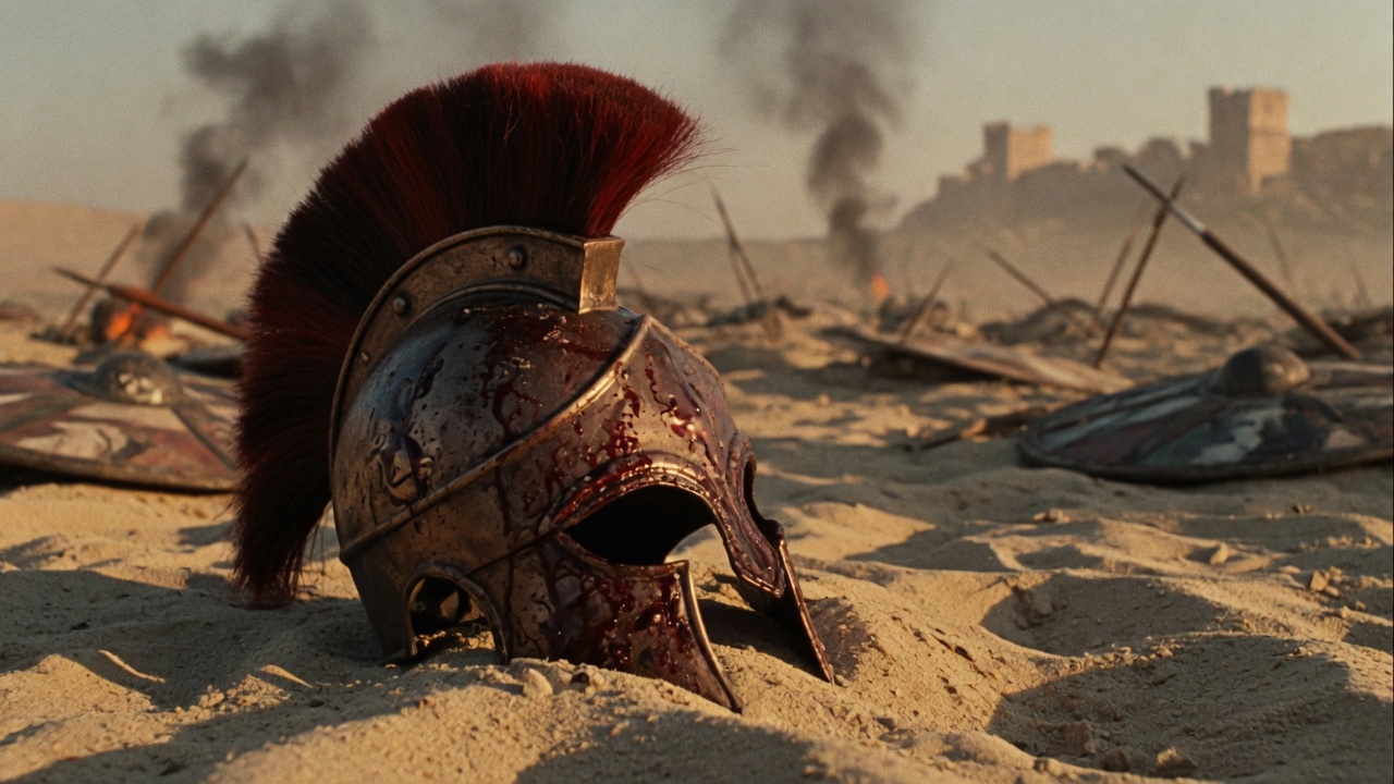 Cinematic still of a Roman helmet on a battlefield
